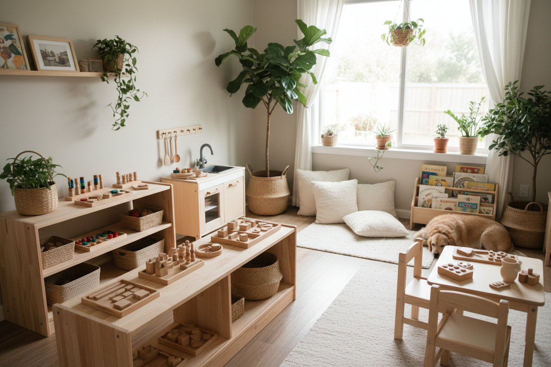 Child independently working at a low Montessori shelf at home