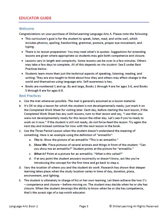 Language Arts Kit A (ages 3-6)